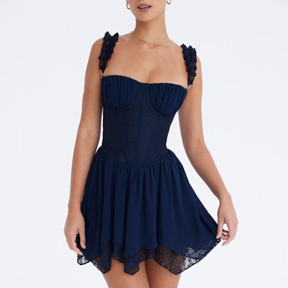 Mistress Rocks Navy Asymmetric Corset Mini Dress NWT NEW Size M